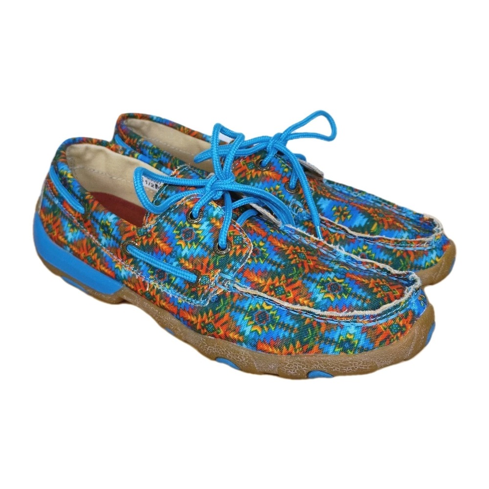 Twisted X Canvas Blue Driving Moccasins Shoes Women's Size 6.5 M Aztec Southwest